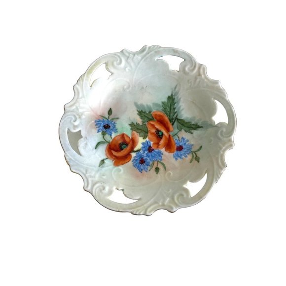 Poppy Bowl Dish Lattice Cut Out Ceramic Plate Vintage Hand Painted Signed 7.5 - Picture 1 of 5
